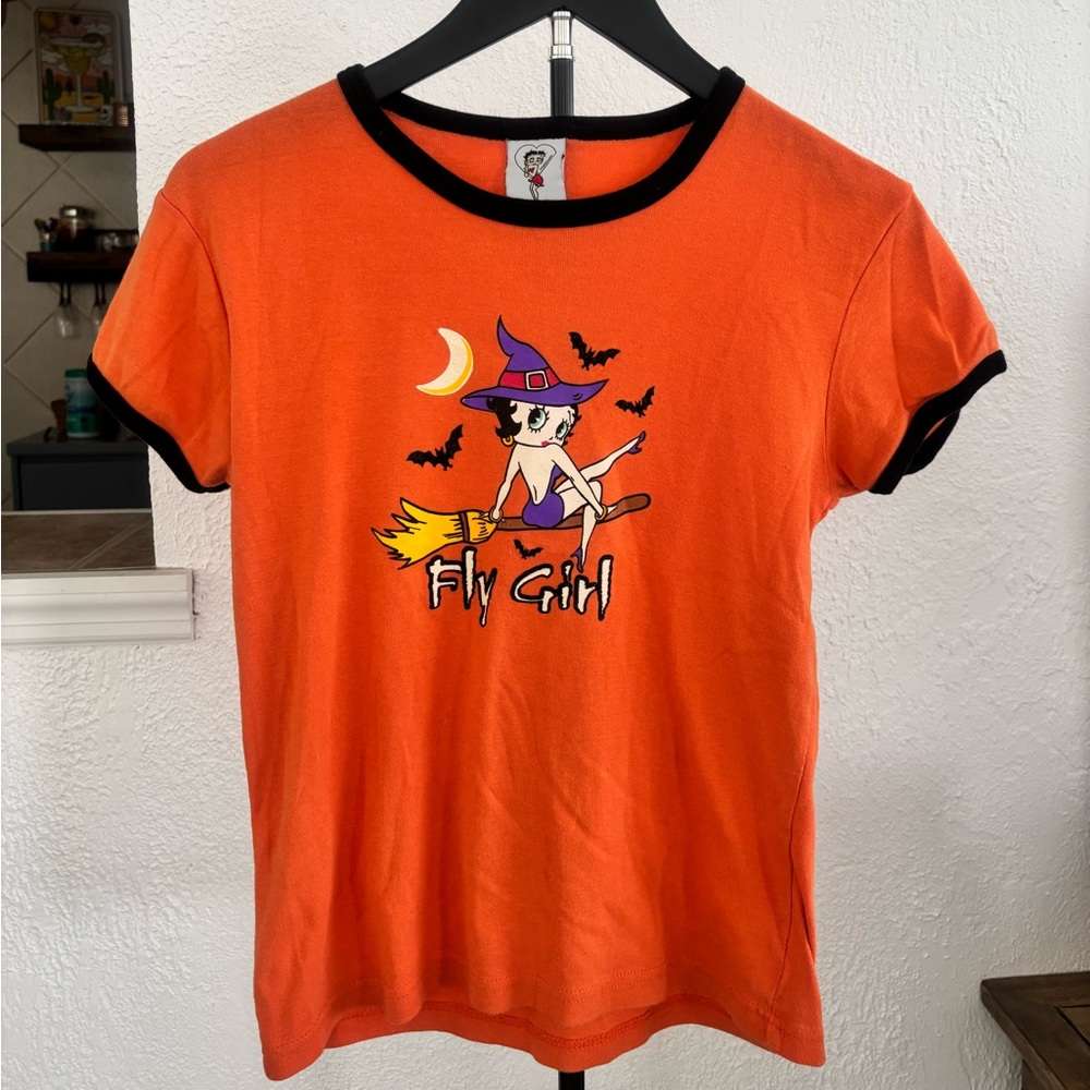 Vintage Betty Boop Fly Girl Orange Halloween Ringer Tee 2004 Size Large